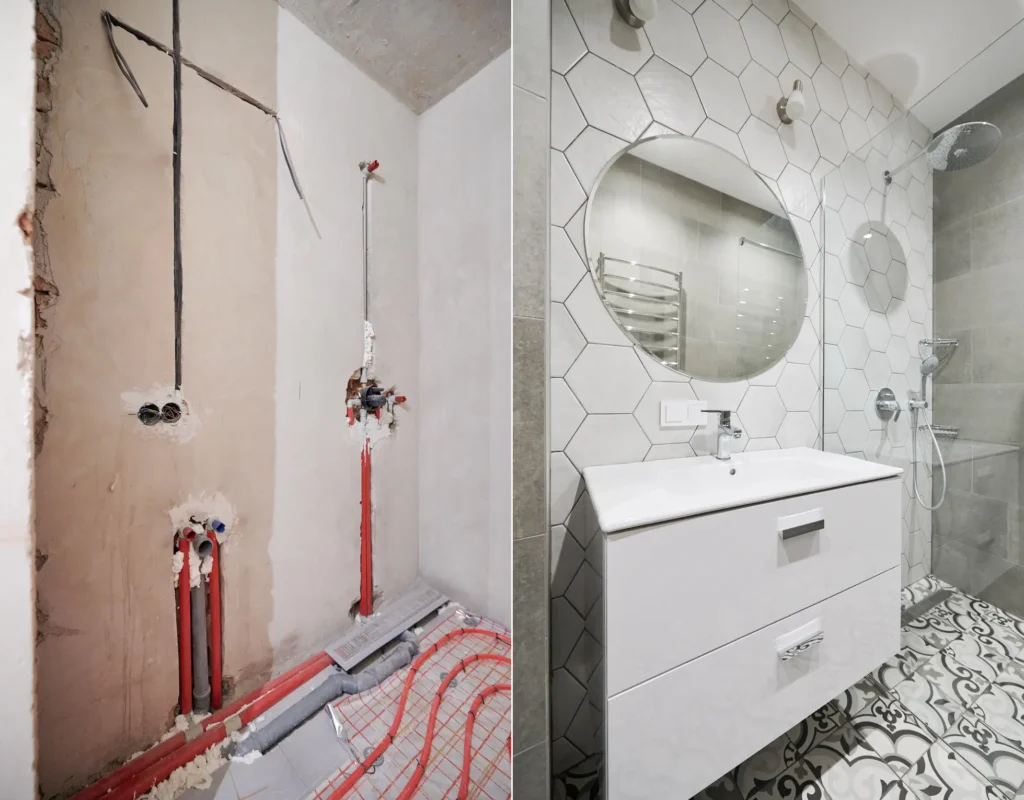 Are one day bathroom remodels worth it? A picture of a before and after of a one day bathroom remodel by Quillen Construction Group in New Orleans, LA