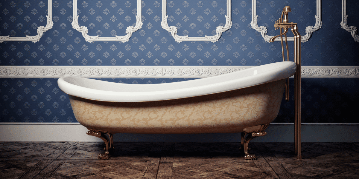 A beautiful clawfoot tub that appears to be a modern reproduction while offering a very classic, vintage style to a bathroom