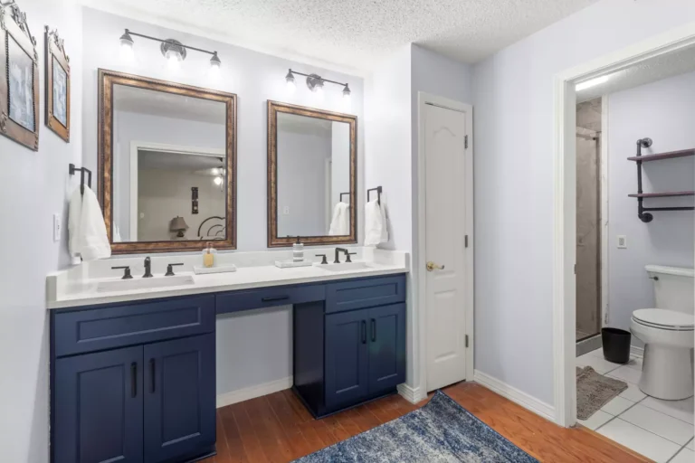 remodeled bathroom with blue cabinets