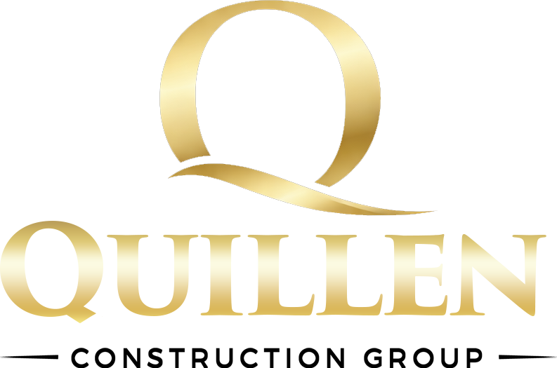 The image showcases a gold, stylized letter "Q" above "QUILLEN" in large gold letters, with "CONSTRUCTION GROUP" in smaller black text—ideal for use as an Elementor Header on your website.