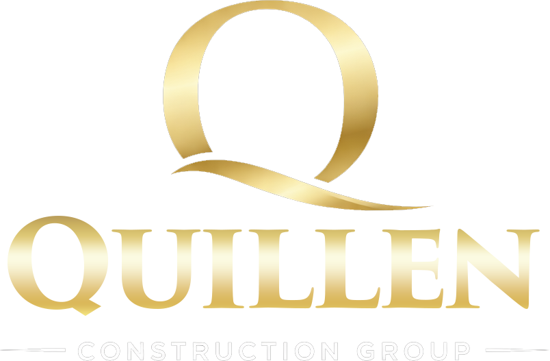 A gold, stylized capital letter "Q" sits above the word "QUILLEN" in matching gold letters; below, smaller text reads "CONSTRUCTION GROUP," perfect for an elegant Elementor Footer design.
